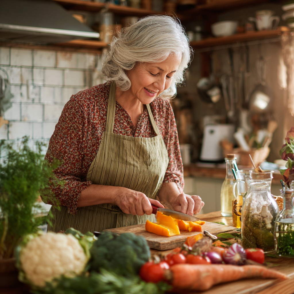 Older adult woman preparing fresh meal with seasonal vegetables in bright kitchen